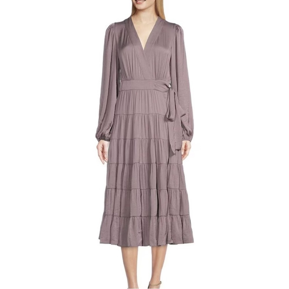 Gibson Latimer V Neck Long Blouson Sleeve Tie Wrap Flounce Midi Maxi Dress